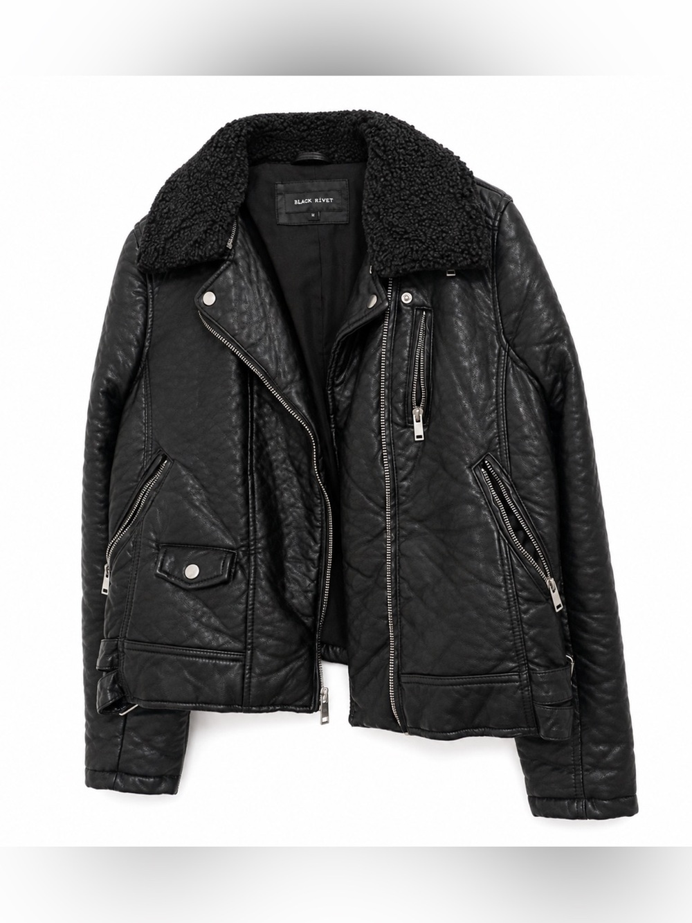 Black Rivet Black Bomber Jacket with Shearling Collar